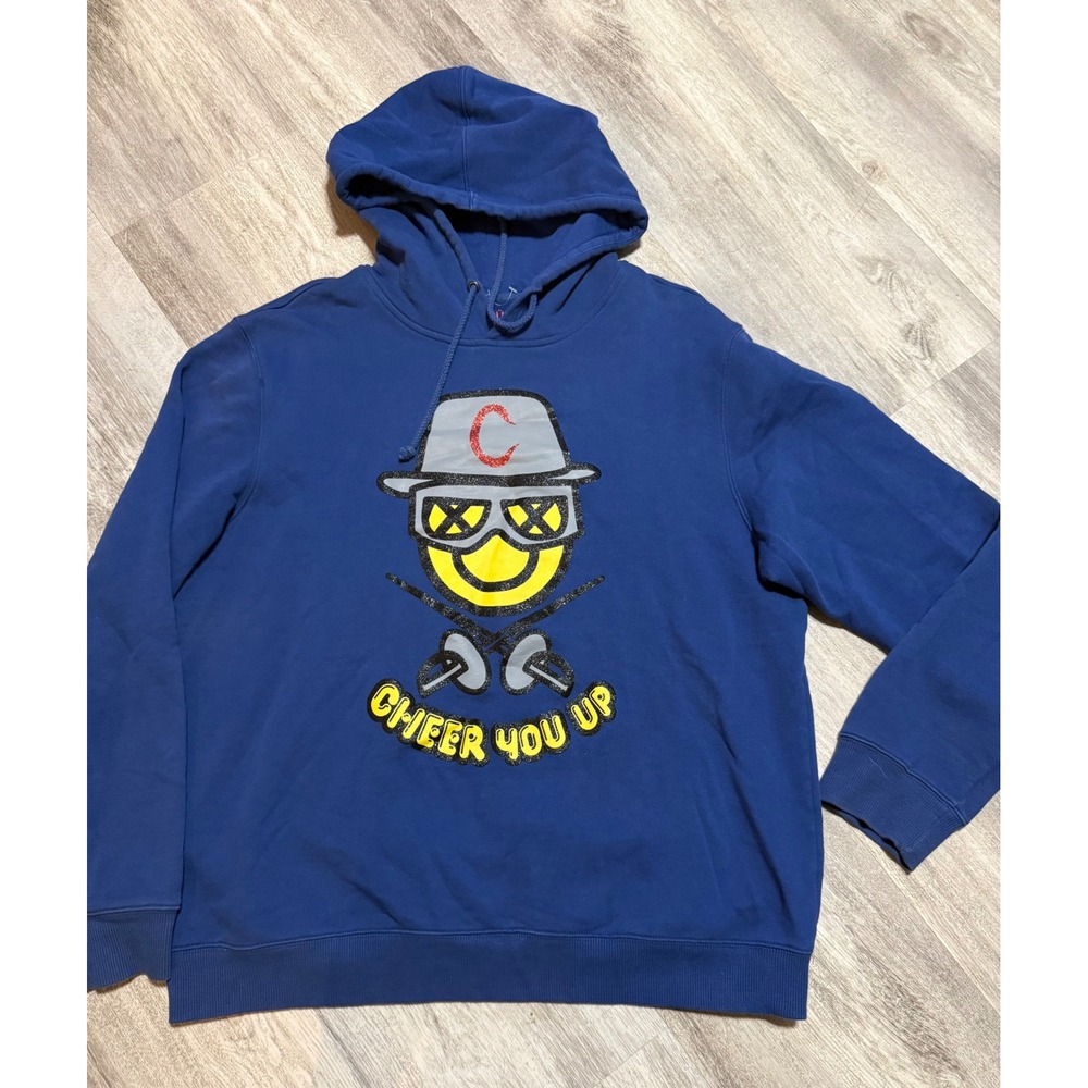 Giordano Cheer You‎ Up Graphic Hoodie Blue Smiley Face Fencing Mens XL